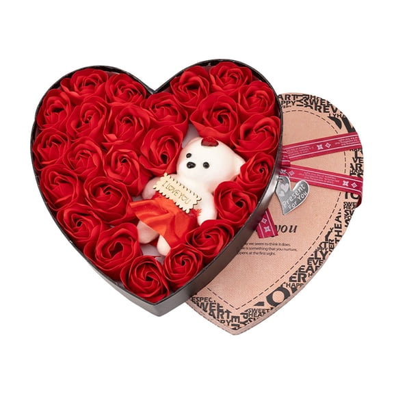 Romantic Roses Flower Gift Box with Cute Bear and Tag I Love You Heart-Shaped Artificial Rose Scented Bath Body Petal for Valentines Day Mother's Day Birthday Gift