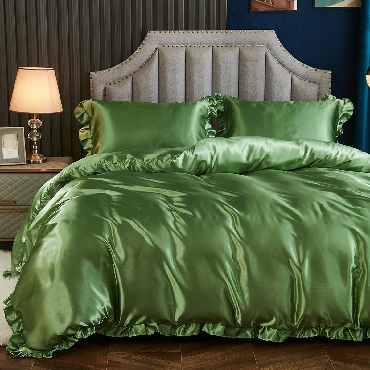 Romantic Ruffle Satin Silk Duvet Cover Full Size Green Luxury Solid
