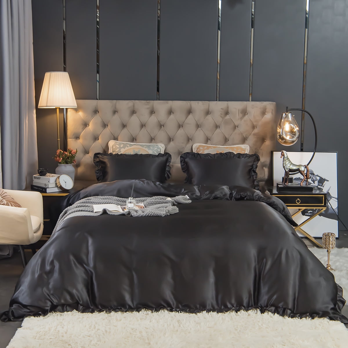 Elegant Romantic Ruffle Satin Silk Queen Duvet Cover, Black Luxury ...