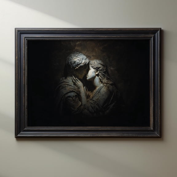 Romantic Sculpture Style Art Print, Intimate Lovers Embrace Wall Art, Classical Marble Couple, Dark Moody Aesthetic, Passionate Art Decor Poster, Poster Only