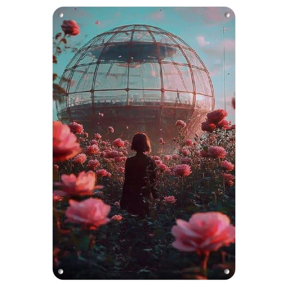 Romantic "Sea of Roses" Metal Wall Art - Utopian Style Decorative Plate with Vibrant Red Roses and Futuristic Glass Dome, Ideal for Home and Office Decor, Perfect Valentine's Day Gift