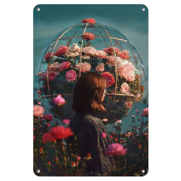 Romantic "Sea of Roses" Metal Wall Art - Vibrant Red Roses & Futuristic Glass Dome, Iron Vintage Home & Office Decor, Perfect Valentine's Gift for Her, Surreal Atmosphere