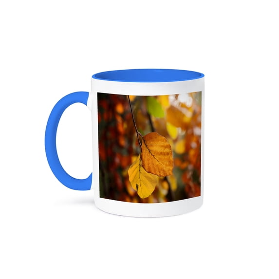 3dRose, Romantic Seasonal Gold Autumn Leaves at Backlight, 15oz Two-Tone Blue Mug