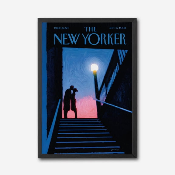 Romantic Silhouette City Sunset Canvas Wall Art, New Yorker Magazine Cover Print, Urban Staircase Night Scene, Modern Framed Home Decor
