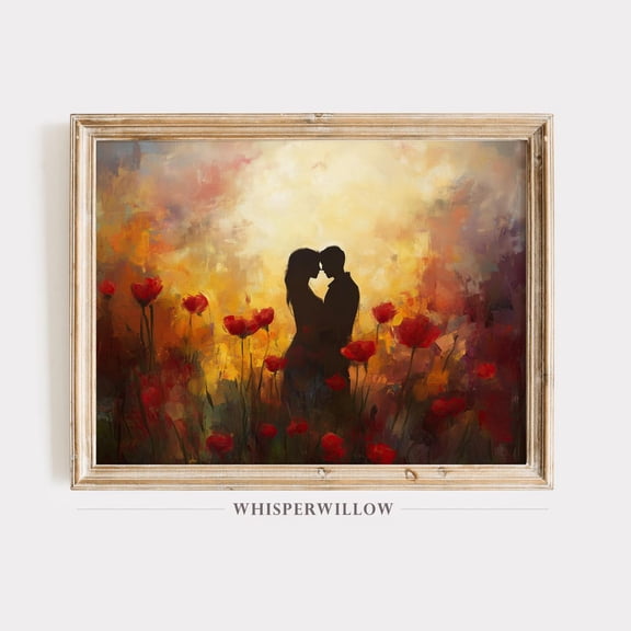 Romantic Silhouette with Poppies at Sunset, Couple in Love Wall Decor, Floral Valentine's Day Art Poster Decor, Size 12x18 UNFFRAMED F03.1.8l1968