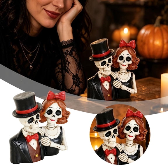 Romantic Skeleton Couple Bust Figurine with Resin Sculpted Detailing for Day of the Dead Styling Gothic Shelf Display and Themed Party Decoration (Black-8cm)