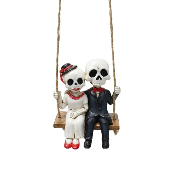 Romantic Skeleton Couple Figurine on Swing, Unique Gothic Home Decor, Resin Ornament for Halloween, Day of the Dead, Wedding or Anniversary Gift, Vintage Style Collectible Decoration