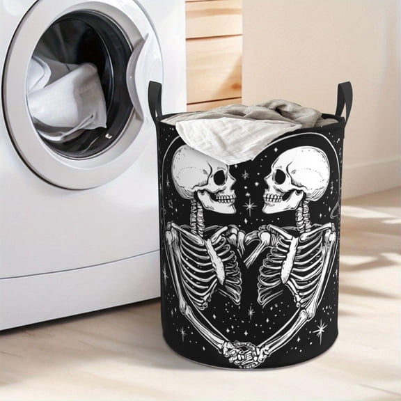Romantic Skeleton Love Laundry Hamper Portable Storage Hamper with Sturdy Handle, Oxford Cloth, Easy to Store and Collapsible Design, Laundry Baskets