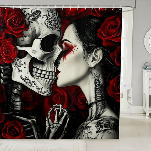Romantic Skull Shower Curtain Couple Lover Theme Fabric Shower Curtain Red Flower Wedding Anniversary Bathroom Shower Curtain Sets 72" W X 78" L,Romantic Gifts Bath Curtain for Woman Men Adults