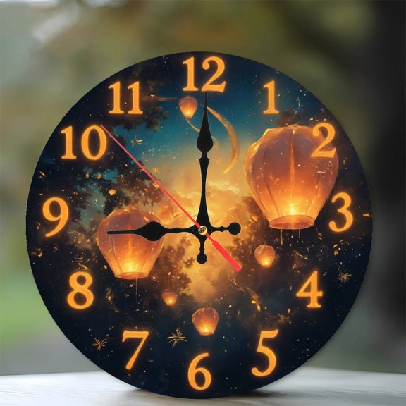 Romantic Sky Lantern Clock Wall Art Decor 10-Inch Silent Wooden Wall Clock, Battery Operated (AA Batteries Not Included), Artistic Home Decor