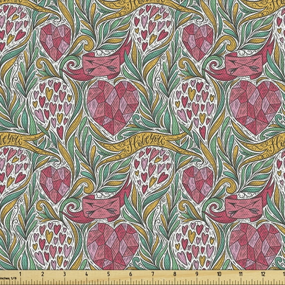 Romantic Sofa Upholstery Fabric by the Yard, Colorful Geometric Fractal Love Motifs Botanical Illustration and I Love You Sign, Decorative Fabric for DIY and Home Accents, Multicolor by Ambesonne