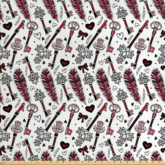 Romantic Sofa Upholstery Fabric by the Yard, Creative Vintage Style Keys Feathers and Hearts Drawn by Hand Doodled Layout, Decorative Fabric for DIY and Home Accents, White Multicolor by Ambesonne