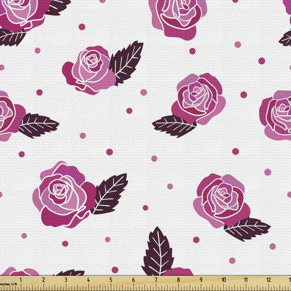 Romantic Sofa Upholstery Fabric by the Yard, Floral Theme Rose Motifs with Dots and Leaves Natural Art, Decorative Fabric for DIY and Home Accents, Pink Dark Magenta by Ambesonne