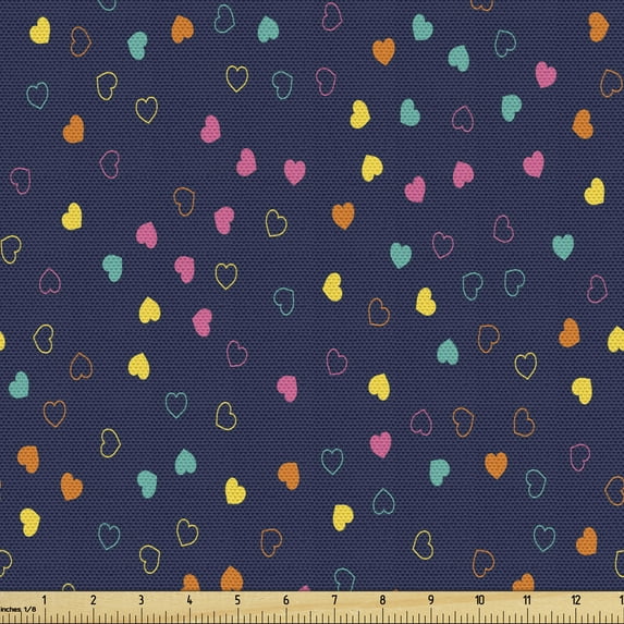 Romantic Sofa Upholstery Fabric by the Yard, Little Heart Shapes in Colorful Celebration Valentines Day Themed Pattern, Decorative Fabric for DIY and Home Accents, Indigo Multicolor by Ambesonne