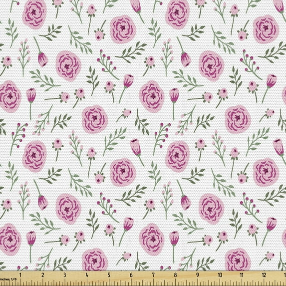 Ambesonne Romantic Fabric by the Yard Upholstery, Flower Blooms and Buds, 5 Yards, Dark Magenta Rose