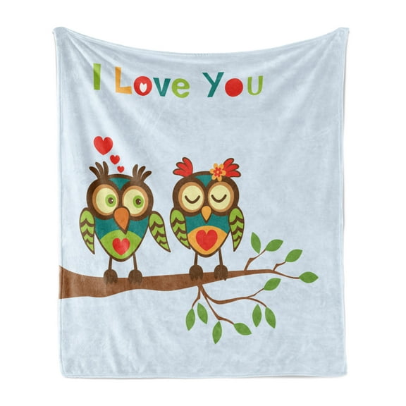 Romantic Soft Flannel Fleece Blanket, Colorful Abstract Owls on a Branch with a Words Expressing Affection and Adoration, Cozy Plush for Indoor and Outdoor Use, 60" x 80", Multicolor, by Ambesonne