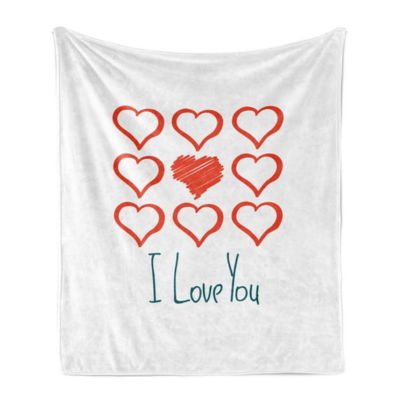 Romantic Soft Flannel Fleece Blanket, Hand Drawn Style Red Hearts Set with Scribble with I Love You Lettering, Cozy Plush for Indoor and Outdoor Use, 50" x 60", Vermilion Teal White, by Ambesonne
