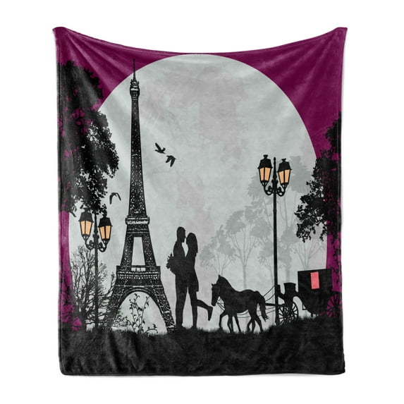 Romantic Soft Flannel Fleece Blanket, Horse Carriage Couple Hugging in Front of the Eiffel Tower and Full Moon, Cozy Plush for Indoor and Outdoor Use, 50" x 60", Fuchsia Grey Black, by Ambesonne