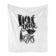 thumbnail image 1 of Romantic Soft Flannel Fleece Blanket, I Love Your Kisses Grungy Looking Phrase with Smiling Woman Black Lipstick Mark, Cozy Plush for Indoor and Outdoor Use, 60" x 80", Black White, by Ambesonne, 1 of 5
