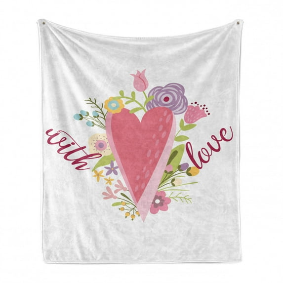 Romantic Soft Flannel Fleece Blanket, Love Lettering Heart and Tulip Lily Flower Bouquets Anniversary Doodle Composition, Cozy Plush for Indoor and Outdoor Use, 50" x 70", Multicolor, by Ambesonne