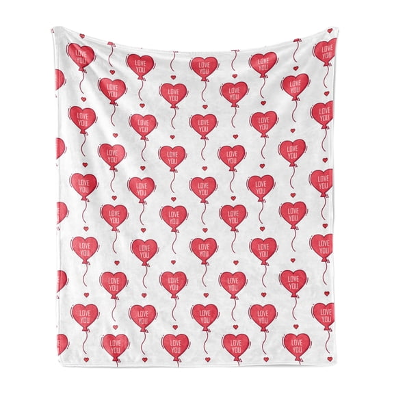 Romantic Soft Flannel Fleece Blanket, Valentines Day Theme Heart Shaped Love You Balloons Happiness Birthday, Cozy Plush for Indoor and Outdoor Use, 60" x 80", Dark Coral and White, by Ambesonne