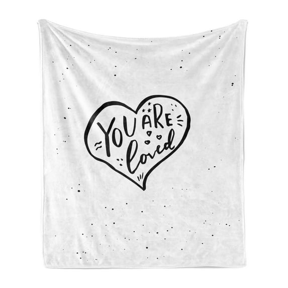 Romantic Soft Flannel Fleece Blanket, You Are Loved Hand Drawn Style Phrase in a Heart Shape with Stars and Little Dots, Cozy Plush for Indoor and Outdoor Use, 60" x 80", Black White, by Ambesonne