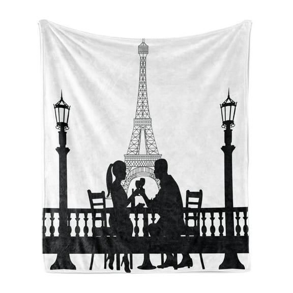 Romantic Soft Flannel Fleece Throw Blanket, Couple Having a Romantic Dinner in Front of the Eiffel Tower Capital of Love, Cozy Plush for Indoor and Outdoor Use, 50" x 70", Black White, by Ambesonne