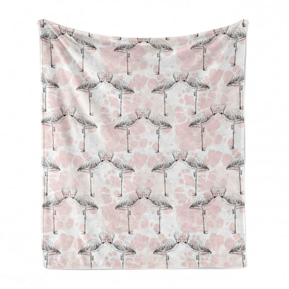 Romantic Soft Flannel Fleece Throw Blanket, Flamingos Shaping Hearts Heads Love Animal Valentines Illustration, Cozy Plush for Indoor and Outdoor Use, 50" x 60", Pale Pink Grey, by Ambesonne