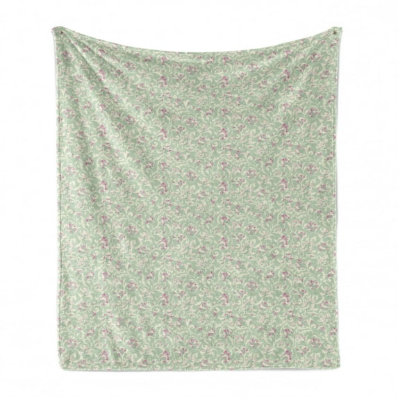 Romantic Soft Flannel Fleece Throw Blanket, Flourish Vintage Garden of Curlicue Branches and Flora, Cozy Plush for Indoor and Outdoor Use, 50" x 70", Sage Green Baby Pink, by Ambesonne