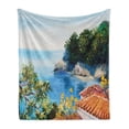 thumbnail image 1 of Romantic Soft Flannel Fleece Throw Blanket, House with View Painting Style Print Italy Sea Mediterranean Look, Cozy Plush for Indoor and Outdoor Use, 50" x 70", Blue Green Orange, by Ambesonne, 1 of 5