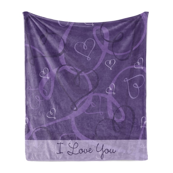 Romantic Soft Flannel Fleece Throw Blanket, Lavender Colored Adoration Themed Image Hand Drawn Hearts Print, Cozy Plush for Indoor and Outdoor Use, 50" x 60", Eggplant Purple, by Ambesonne