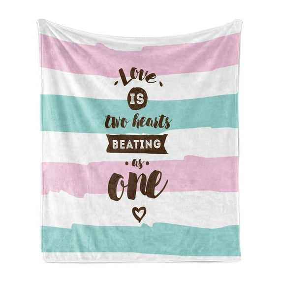 Romantic Soft Flannel Fleece Throw Blanket, Love is 2 Hearts Beating as Retro Typography on Pastel Color, Cozy Plush for Indoor and Outdoor Use, 60" x 80", Dark Brown Mint Green, by Ambesonne