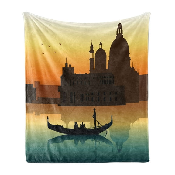 Romantic Soft Flannel Fleece Throw Blanket, People in Gondolas Venice City of Historical Importance Abstract Illustration, Cozy Plush for Indoor and Outdoor Use, 60" x 80", Multicolor, by Ambesonne