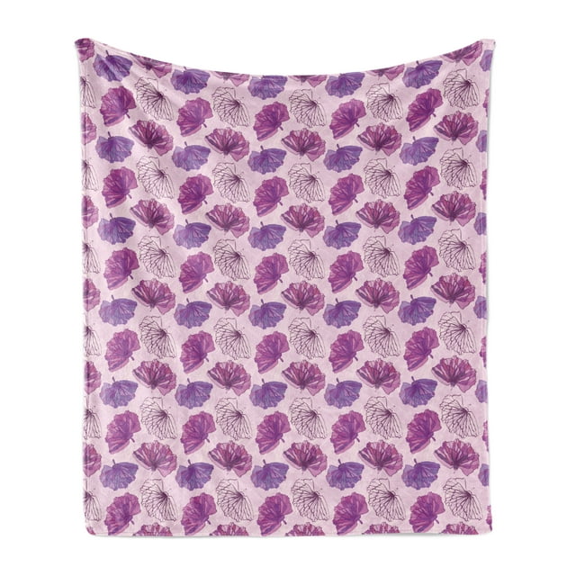 Romantic Soft Flannel Fleece Throw Blanket, Pink and Purple Hand Drawn Blossoms Pattern on Marbled Background Fashion Art, Cozy Plush for Indoor and Outdoor Use, 70" x 90", Multicolor, by Ambesonne