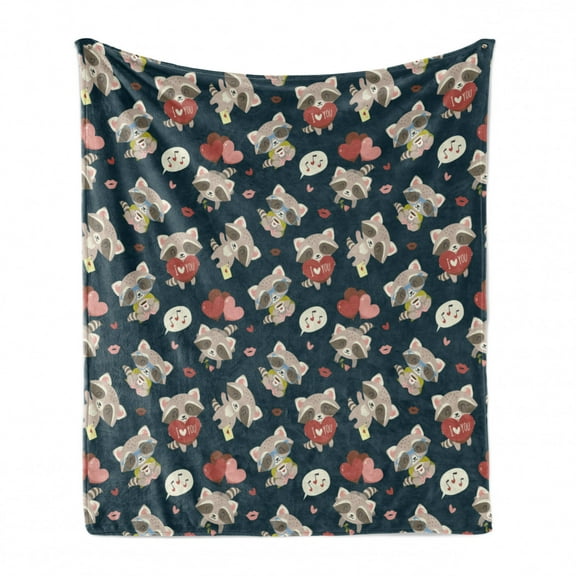 Romantic Soft Flannel Fleece Throw Blanket, Raccoon with I Love You Heart Kisses Birthday Celebration Graphic, Cozy Plush for Indoor and Outdoor Use, 60" x 80", Multicolor, by Ambesonne