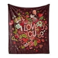 thumbnail image 1 of Romantic Soft Flannel Fleece Throw Blanket, Retro Funky I Love You Words on Hearts Arrows Baloons Birhday Image, Cozy Plush for Indoor and Outdoor Use, 50" x 60", Coral Burgundy Yellow, by Ambesonne, 1 of 5