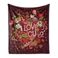 thumbnail image 1 of Romantic Soft Flannel Fleece Throw Blanket, Retro Funky I Love You Words on Hearts Arrows Baloons Birhday Image, Cozy Plush for Indoor and Outdoor Use, 50" x 70", Coral Burgundy Yellow, by Ambesonne, 1 of 5