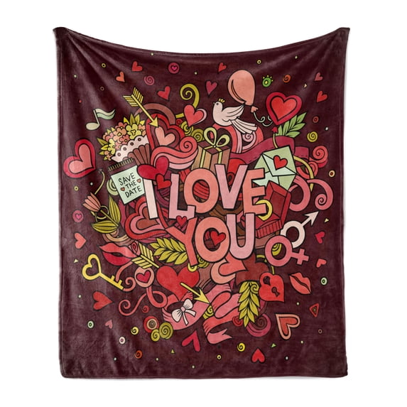 Romantic Soft Flannel Fleece Throw Blanket, Retro Funky I Love You Words on Hearts Arrows Baloons Birhday Image, Cozy Plush for Indoor and Outdoor Use, 50" x 70", Coral Burgundy Yellow, by Ambesonne