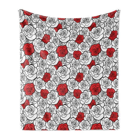 Romantic Soft Flannel Fleece Throw Blanket, Roses Simplicity Love Blossoms Valentines Day Print, Cozy Plush for Indoor and Outdoor Use, 70" x 90", Vermilion Black White, by Ambesonne