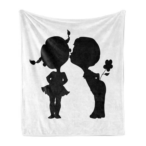 Romantic Soft Flannel Fleece Throw Blanket, Silhouettes of a Boy Holding a Flower Trying to Kiss a Girl, Cozy Plush for Indoor and Outdoor Use, 50" x 70", Charcoal Grey and White, by Ambesonne