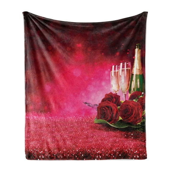 Romantic Soft Flannel Fleece Throw Blanket, Valentine's Day Themed Champagne Glasses and Roses with Hearts Warm Colors, Cozy Plush for Indoor and Outdoor Use, 50" x 60", Dark Pink Green, by Ambesonne