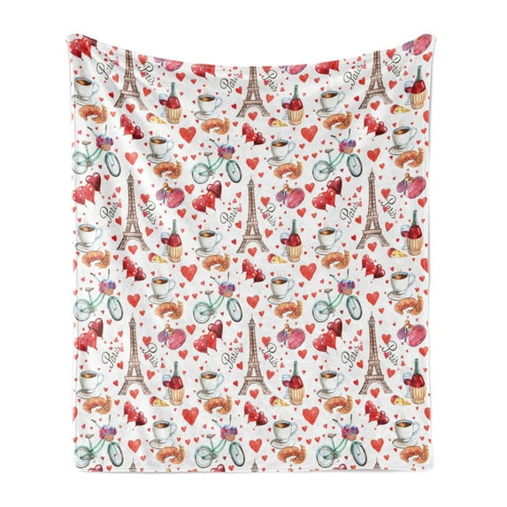 Romantic Soft Flannel Fleece Throw Blanket, Valentines Day Love Themed Paris Coffee Wine Parfumes Bikes with Heart Backdrop, Cozy Plush for Indoor and Outdoor Use, 50" x 70", Multicolor, by Ambesonne