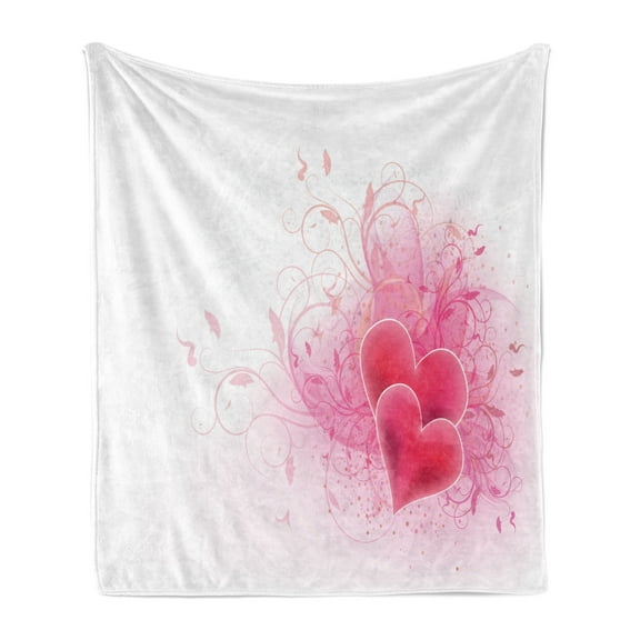 Romantic Soft Flannel Fleece Throw Blanket, Valentines Day Themed Hearts Floral Arrangement Amour Illustration, Cozy Plush for Indoor and Outdoor Use, 50" x 60", Pink White, by Ambesonne