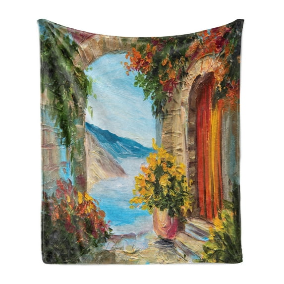 Romantic Soft Flannel Fleece Throw Blanket, View from Italian Old Stone House Hills Painting Style Look Vine Leaves Flower, Cozy Plush for Indoor and Outdoor Use, 70" x 90", Multicolor, by Ambesonne