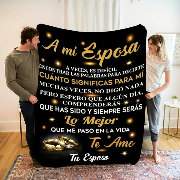 Romantic Spanish Flannel Blanket for Wife Heartfelt "A Mi Esposa" Message with Golden Lettering & Rings Design Soft & Cozy All-Season Throw Perfect Gift