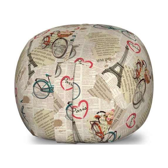 Romantic Storage Toy Bag Chair, Newspaper Vintage Retro with Paris Lettering in Hearts Art Print, Stuffed Animal Organizer Washable Bag, Small Size, White Black, by Ambesonne