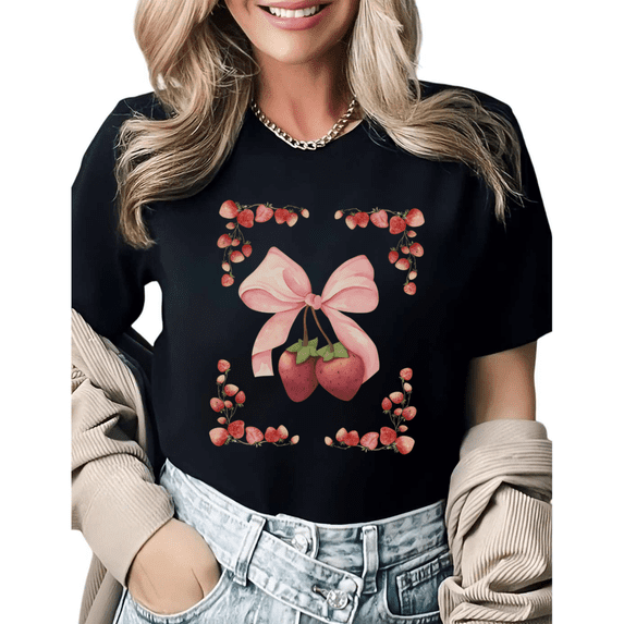 Romantic Strawberry Cluster Graphic Tees Womans T shirt Black/White S-5XL Shirts Casual Daily Tops