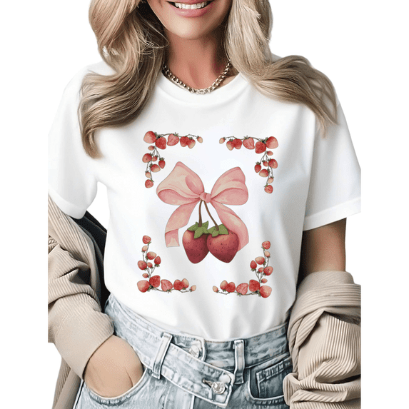 Romantic Strawberry Cluster Graphic Tees Womans T shirt Black/White S-5XL Shirts Casual Daily Tops