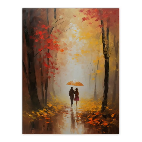 Romantic Stroll Oil Painting Orange Red Autumn Forest Landscape Bedroom Art Large Wall Art Poster Print Thick Paper 18X24 Inch