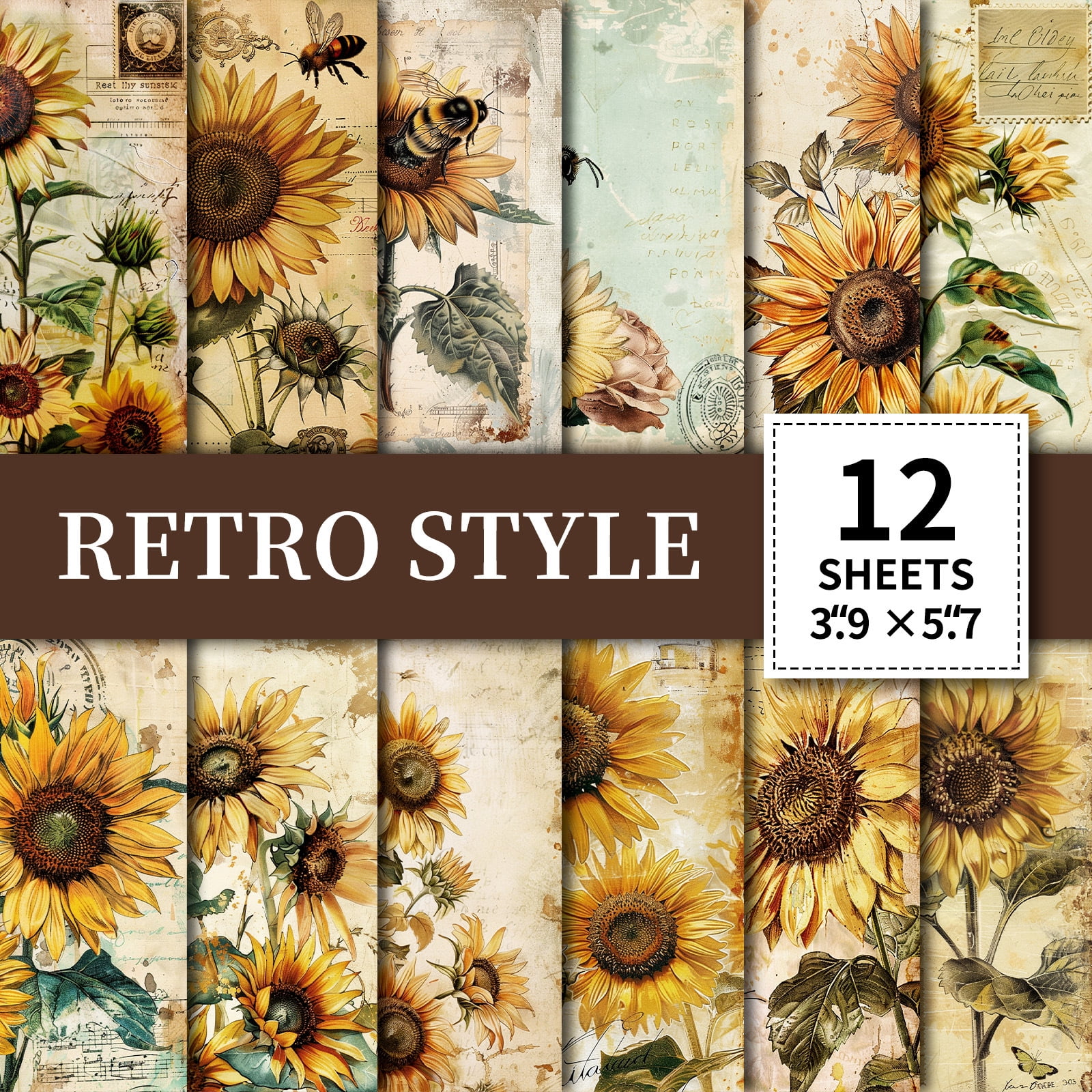 Romantic Sunflower Theme Scrapbook Paper - 12 Sheets Vintage Floral Background for DIY Crafts and Journals